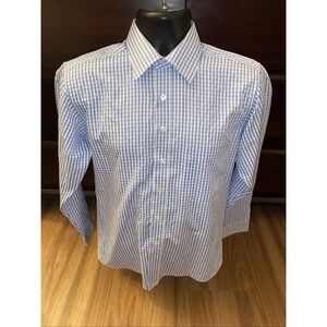 Fred Perry Mens 15.5 - 39 Blue & White Plaid Button Up Shirt Long Sleeve